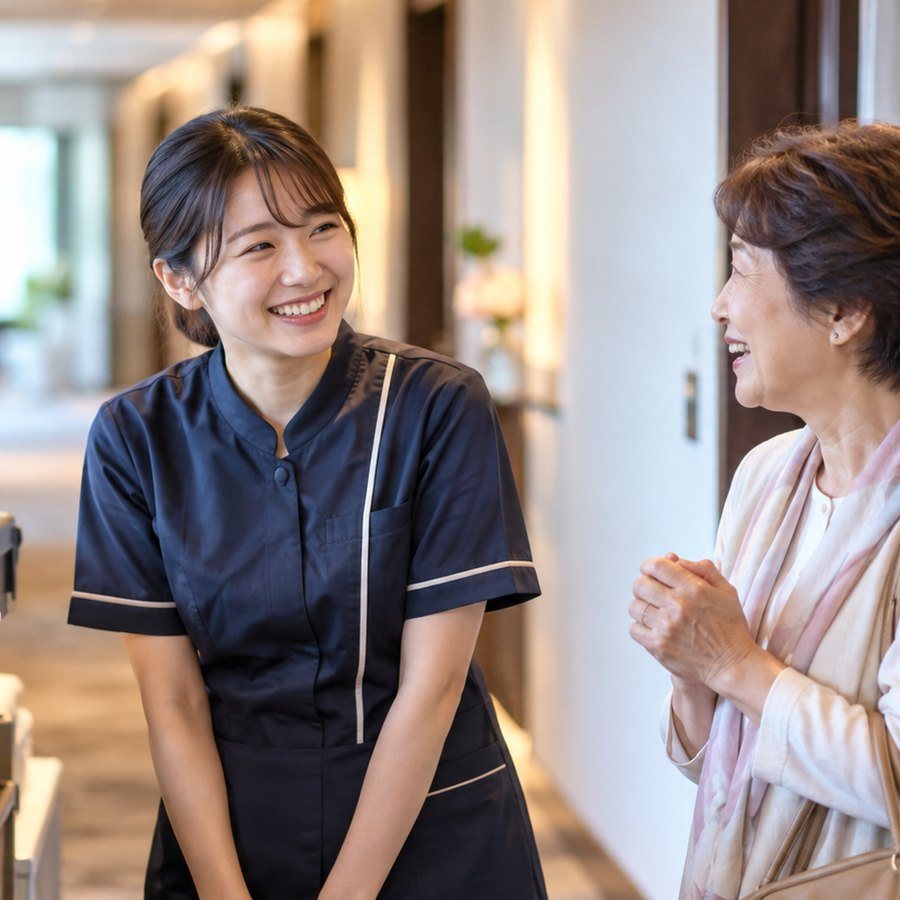 ホテルの廊下で、お客様から「ありがとう」と声をかけられるスタッフ